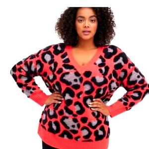 Leopard print, coralish color chunky v neck sweater.